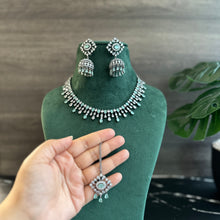 Load image into Gallery viewer, Mint Victorian American Diamond Necklace set with jhumkas and maangtikka