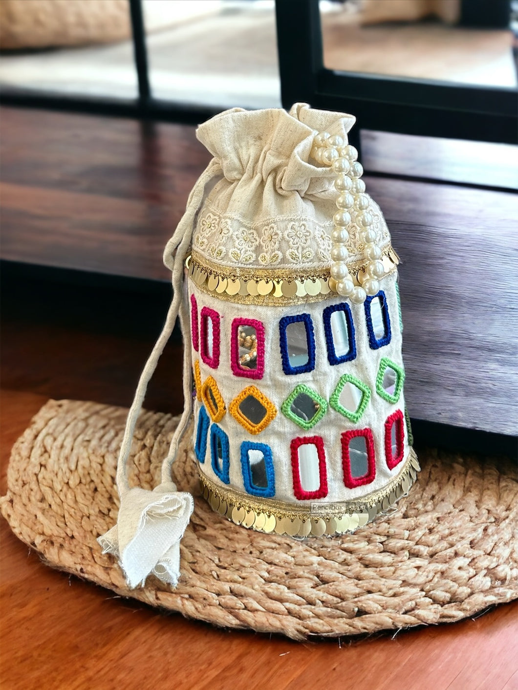 Handmade Mirror Multicolor Cotton pearl potli bag
