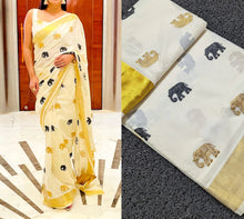 Load image into Gallery viewer, Black Golden Elephant Kerala saree