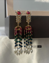 Load image into Gallery viewer, 14k Gold plated ruby Green Pearl Long Temple earrings
