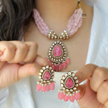 Load image into Gallery viewer, Pink Moissanite Doublet Gold plated Hydro Beads Necklace set