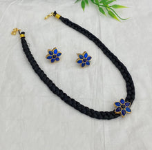Load image into Gallery viewer, Blue Flower Golden Dainty Black Thread Temple ethnic Necklace set