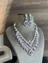 Load image into Gallery viewer, Purple Double layered designer Silver Finish American Diamond Necklace set