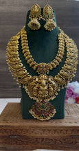 Load image into Gallery viewer, Real Kemp Stone Peacock Lakshmi ji Layered Necklace set templejewelry