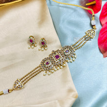 Load image into Gallery viewer, Golden Multicolor Cz Kundan Polki Premium Choker Temple Necklace set