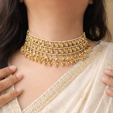 Load image into Gallery viewer, White Premium Pearl Silver foiled Tassel Statement choker Temple Necklace set