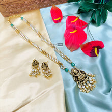 Load image into Gallery viewer, Lakshmi ji Kundan Kemp Stone pearl Medium Length temple jewelry Pendant set