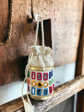 Load image into Gallery viewer, Handmade Mirror Multicolor Cotton pearl potli bag
