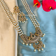 Load image into Gallery viewer, Long Pearl Ruby Green Peacock kemp stone temple Necklace set