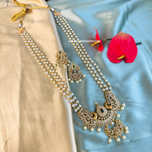 Load image into Gallery viewer, Long Pearl Ruby Green Peacock kemp stone temple Necklace set