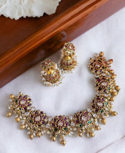 Load image into Gallery viewer, Statement Lotus Kemp Stone heavy Necklace set temple jewelry