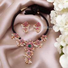 Load image into Gallery viewer, Black Thread Kemp Stone Rice Pearl Temple Ethnic Necklace set