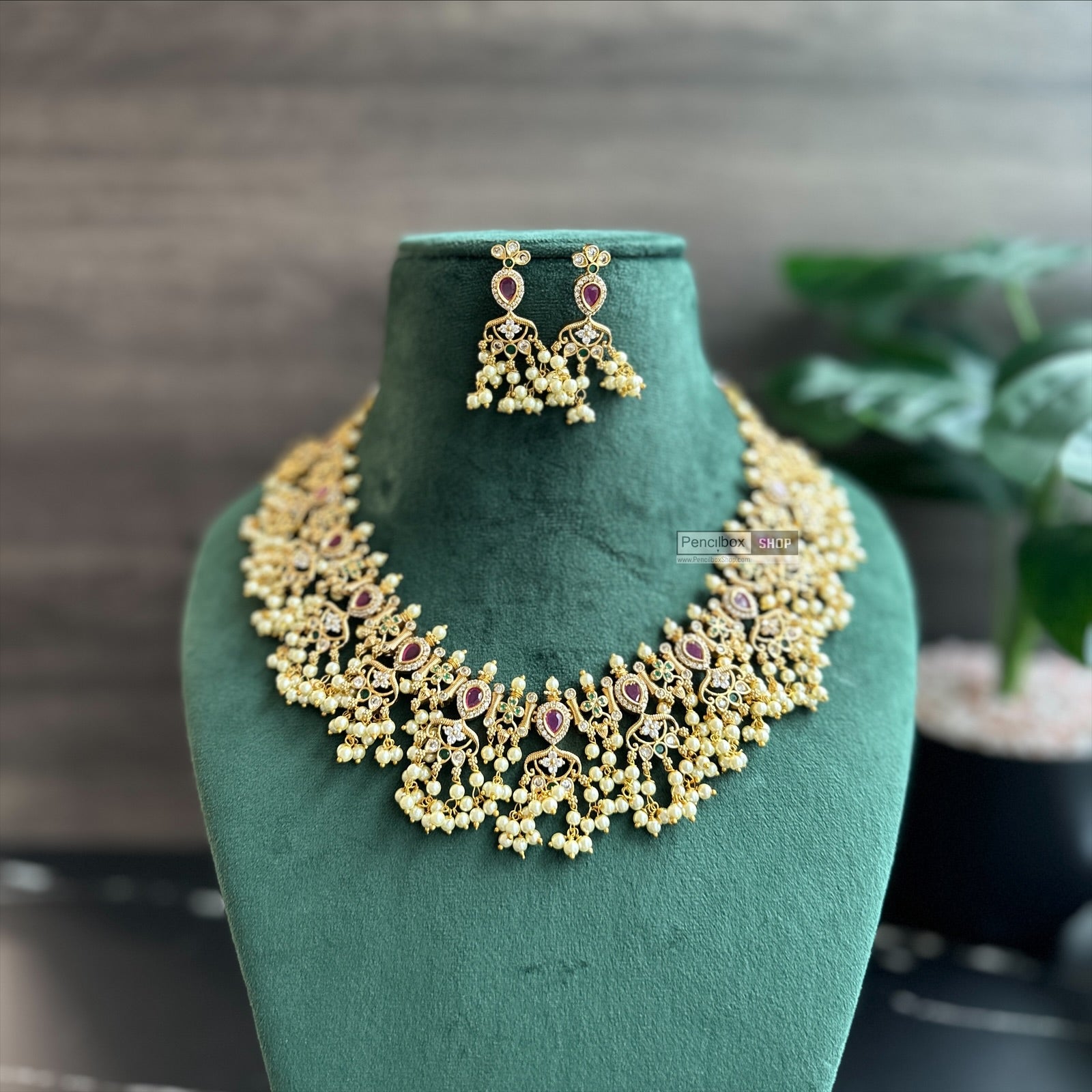 PencilboxShopUSA Multicolor Guttapusalu Pearl Temple Ethnic Necklace Set