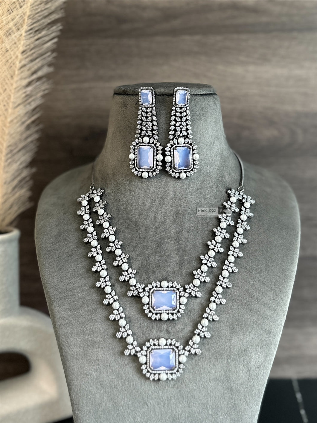 Naina Double layered Milky White Victorian American Diamond Necklace set