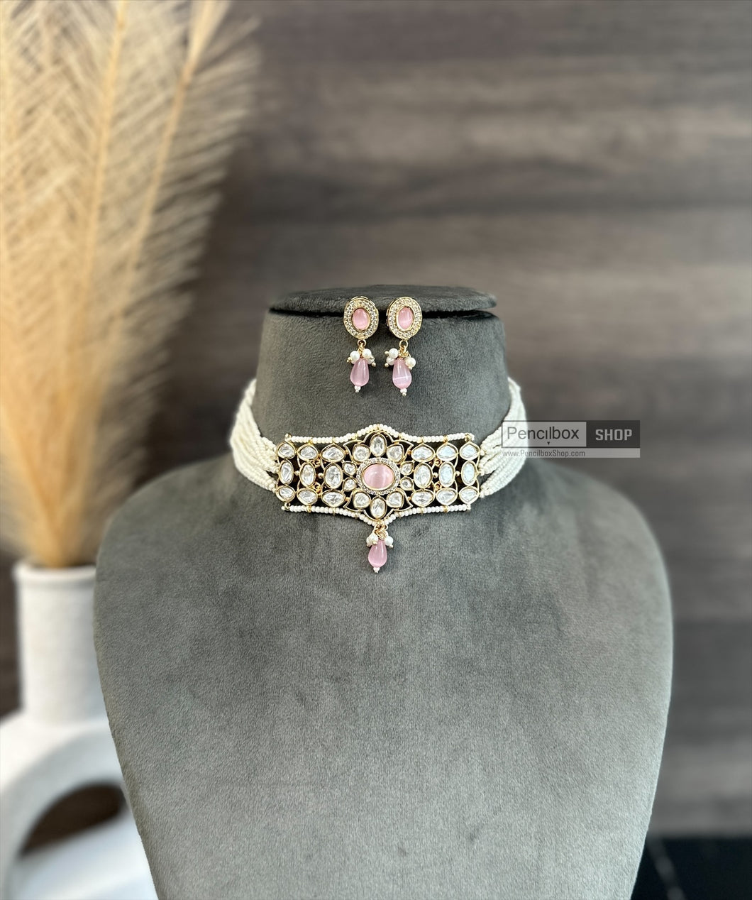 Pink-22k Gold plated Tayani Choker Premium Statement Necklace set Zara