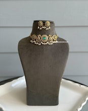 Load image into Gallery viewer, Geeta Peacock Cz Mint Golden Statement Choker necklace set