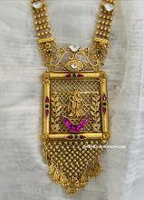 Load image into Gallery viewer, Radha krishna Pearl Pachi Kundan long Statement Designer Premium Necklace set