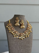 Load image into Gallery viewer, Statement Lotus Kemp Stone heavy Necklace set temple jewelry