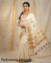 Load image into Gallery viewer, Onam Special Ivory Golden Red Cotton Kerala saree