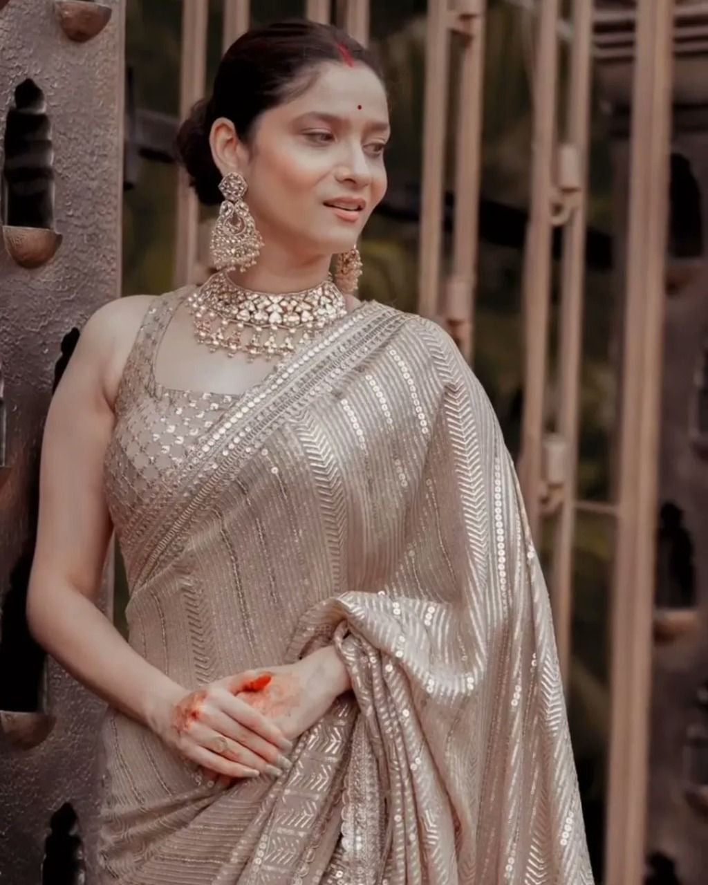 Bollywood saree Golden inspired Sequins Saree women clothing