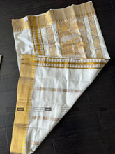 Load image into Gallery viewer, Onam Special Ivory Golden Lotus Cotton Kerala saree