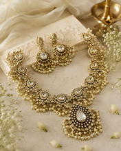 Load image into Gallery viewer, Golden White Pearl Temple ethnic Necklace set