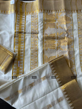 Load image into Gallery viewer, Onam Special Ivory Golden Lotus Cotton Kerala saree
