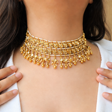 Load image into Gallery viewer, White Premium Pearl Silver foiled Tassel Statement choker Temple Necklace set
