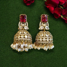 Load image into Gallery viewer, Golden Ruby Cz Medium size Jhumka earrings