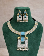 Load image into Gallery viewer, Firozi sky blue Nandi Fusion German Silver Dual tone Necklace set