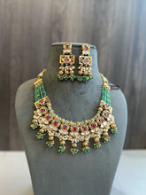 Load image into Gallery viewer, Rajwadi Layered Pearl Ruby Green Necklace Temple Set