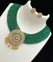 Load image into Gallery viewer, Vani Green Hydro Beads Cz Golden Big Pendant Necklace set