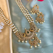 Load image into Gallery viewer, Long Pearl Ruby Green Peacock kemp stone temple Necklace set