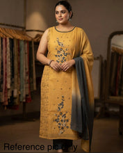Load image into Gallery viewer, 3 pieces Mustard Golden Grey Embroidery Half n half print Chanderi Straight suit 40 size