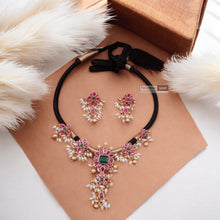 Load image into Gallery viewer, Black Thread Kemp Stone Rice Pearl Temple Ethnic Necklace set