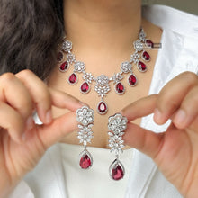 Load image into Gallery viewer, Ruby American Diamond Drop Cz Statement Designer Necklace set