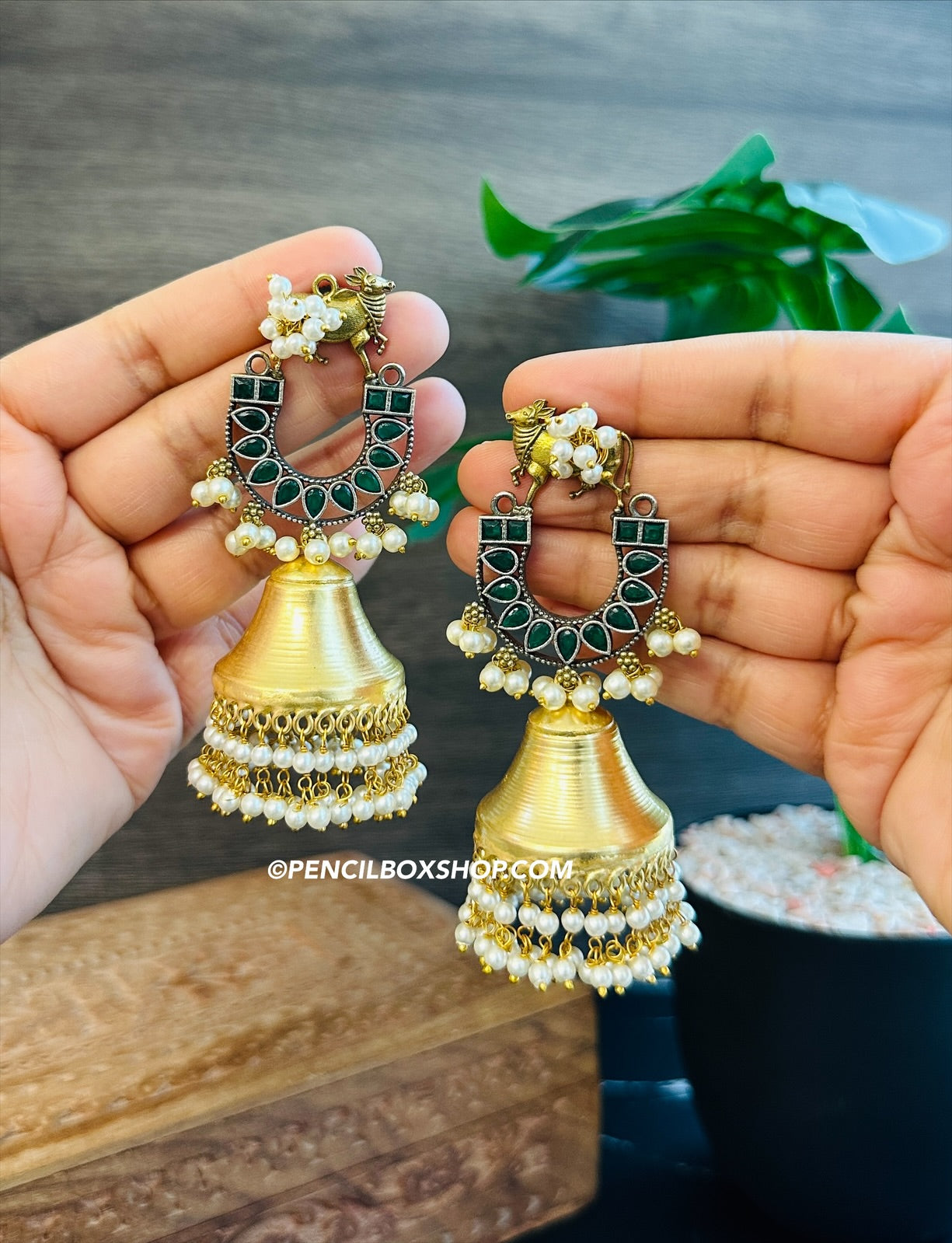 Nandi Golden German silver Jhumka earrings PencilboxShopUSA