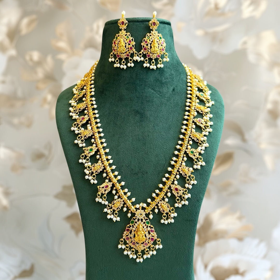 TRENDING Kemp Stone Cz Lakshmi ji Long Guttapusalu Pearl Necklace