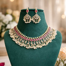Load image into Gallery viewer, TRENDING ruby Green Cz Peacock Short Guttapusalu Pearl Necklace set