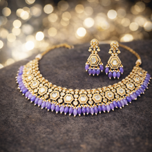 Load image into Gallery viewer, Purple 22k Gold plated Tayani Premium Statement Necklace set with maangtikka