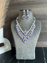 Load image into Gallery viewer, Purple Double layered designer Silver Finish American Diamond Necklace set