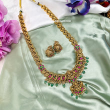 Load image into Gallery viewer, Lakshmi ji Pachi Kundan Double pendant long haram necklace set