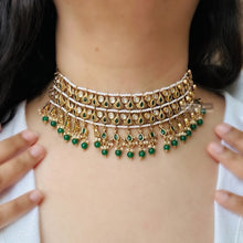 Load image into Gallery viewer, Green Premium Pearl Silver foiled Tassel Statement choker Temple Necklace set