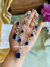 Load image into Gallery viewer, Tara-American Diamond Royal Blue Silver Finish Long Designer Necklace set