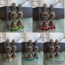 Load image into Gallery viewer, Kundan Peacock Polki Meenakari Pearl Jhumka Earrings

