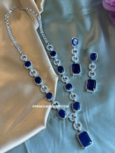 Load image into Gallery viewer, Tara-American Diamond Royal Blue Silver Finish Long Designer Necklace set