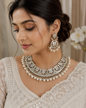 Load image into Gallery viewer, Simi Golden pearl Premium Mirror necklace set with maangtikka