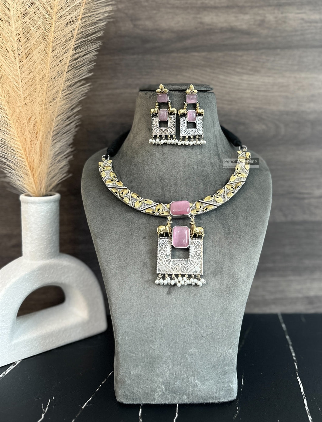 Pink Nandi Fusion German Silver Dual tone Necklace set