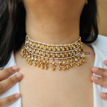 Load image into Gallery viewer, White Premium Pearl Silver foiled Tassel Statement choker Temple Necklace set