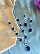 Load image into Gallery viewer, Tara-American Diamond Royal Blue Silver Finish Long Designer Necklace set